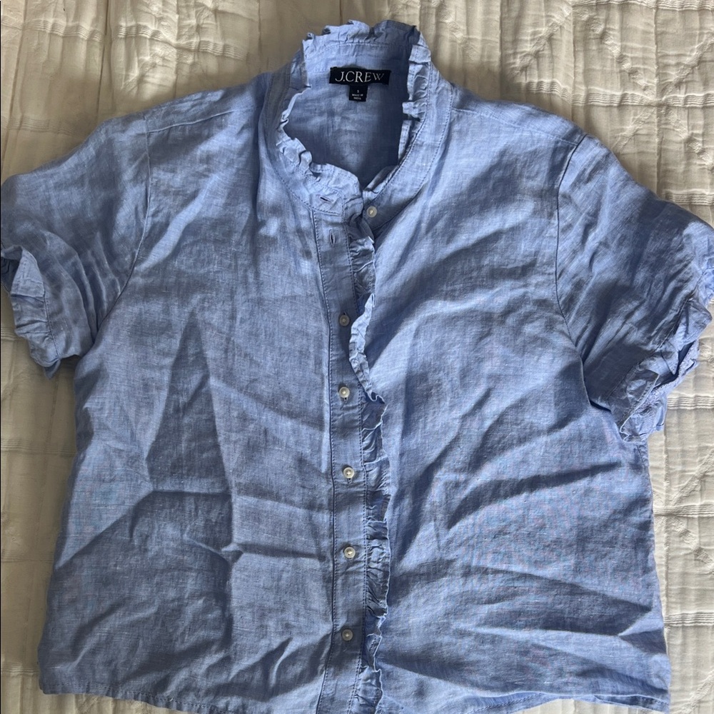 J. Crew Light Blue Ruffle-Trim Linen Button-Down Shirt